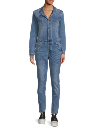 Etienne Marcel Women's Faded Wash Notch Lapel Denim Jumpsuit In Stone