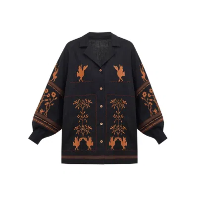 Etnodim Women's Linen Black Embroidered Button-down Shirt - Bayka Black