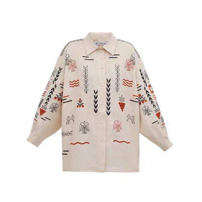 Etnodim Women's Beige Linen Embroidered Shirt Slovo