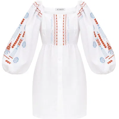Etnodim Women's Linen Embroidered Dress With Milk Color - Mozaika
