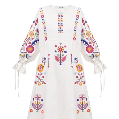 Etnodim Women's Linen White Dress With Floral Embroidery - Sobachko