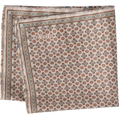 Eton Beige Quatrefoil & Paisley Reversible Wool Pocket Square In Gray