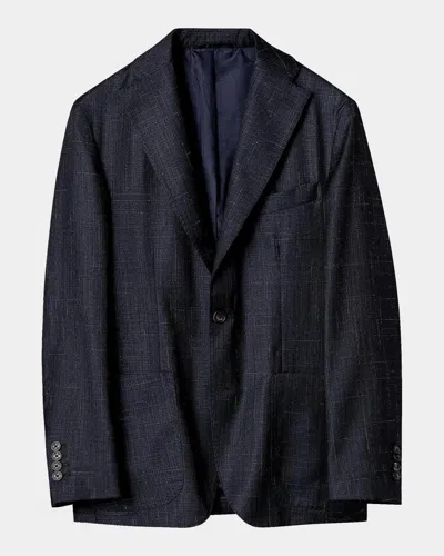 Eton Brushed-plaid Wool-silk Jacket In Blue