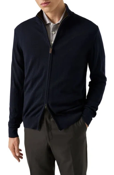 Eton Front Zip Merino Wool Cardigan In Blue