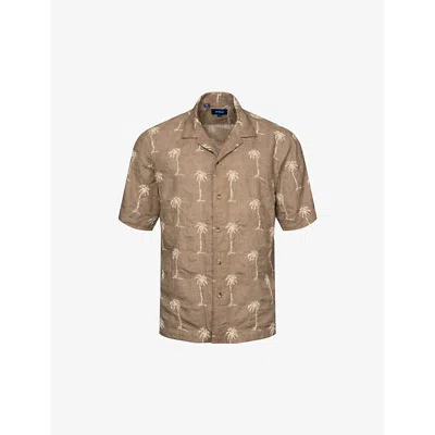 Eton Mens Brown Resort Embroidered Relaxed-fit Linen Shirt