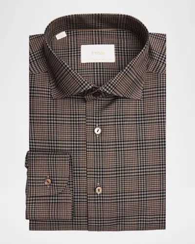 Eton Men's Contemporary-fit Plaid Merino Wool Dress Shirt In Brown