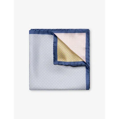 Eton Mens Light Blue Four-sided Patterned Silk Pocket Square In White