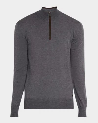 Eton Men's Merino Wool Leather Trim Quarter-zip Sweater In Gray