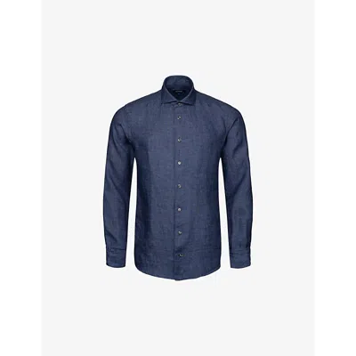Eton Mens Navy Blue Solid Slim-fit Linen Shirt
