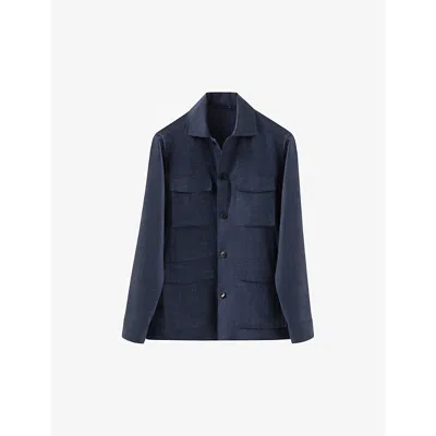 Eton Mens Vy Blue Patch-pocket Regular-fit Linen And Wool Overshirt In Navy Blue