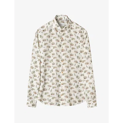Eton Mens Beach-print Casual-fit Linen Shirt Mid Green