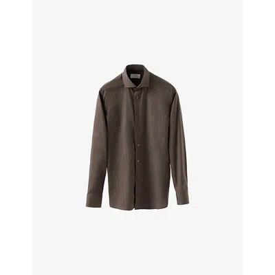Eton Mens Herringbone-weave Long-sleeve Cotton Shirt Dark Brown
