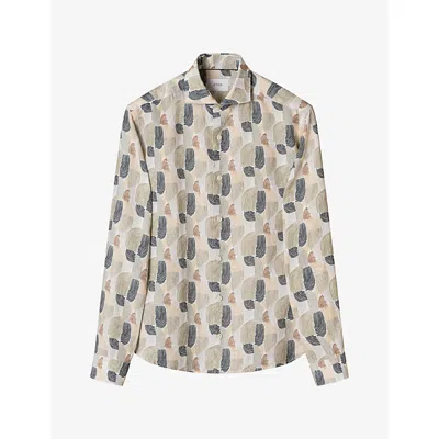 Eton Mens Geometric-print Casual-fit Linen Shirt Mid Green