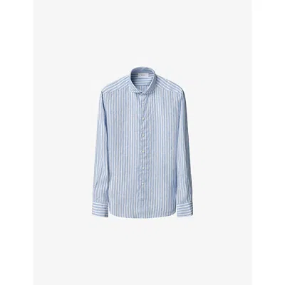 Eton Mens Striped Long-sleeved Linen Shirt Light Blue