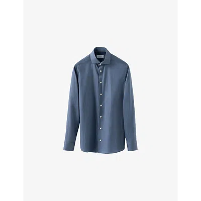 Eton Mens Herringbone-weave Long-sleeve Cotton Shirt Mid Blue