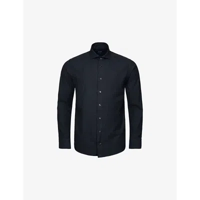 Eton Mens Navy Blue Long-sleeved Flannel-texture Cotton Shirt