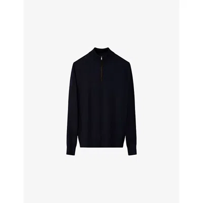 Eton Mens Navy Blue Quarter-zip Knitted Wool Jumper