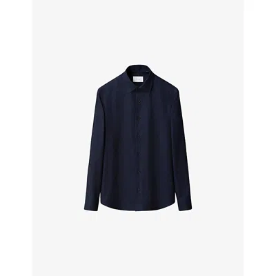 Eton Mens Navy Blue Solid Flannel Regular-fit Long-sleeve Cotton Shirt Xl