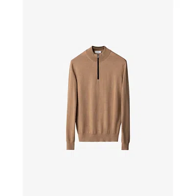 Eton Mens Yellow Quarter-zip Knitted Wool Jumper In Brown