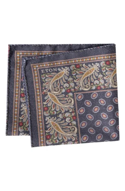 Eton Paisley & Plaid Reversible Wool Pocket Square In Blue