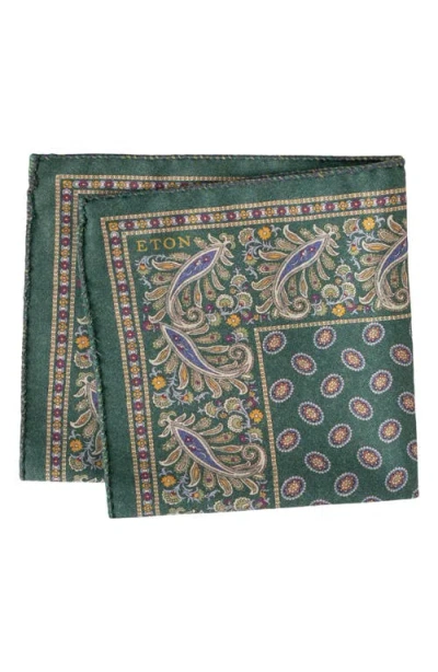 Eton Paisley & Plaid Reversible Wool Pocket Square In Green