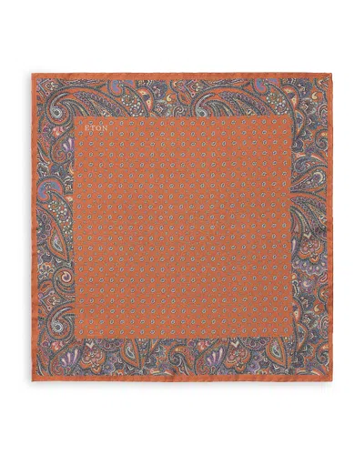 Eton Paisley Silk Pocket Square In Orange