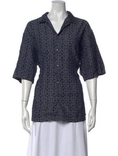 Pre-owned Eton Patterned V-neck Button-up Top In Blue