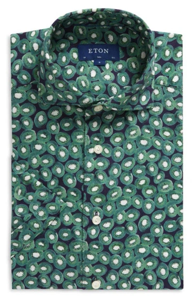 Eton Slim Fit Kiwi Print Short Sleeve Linen Button-up Shirt In Medium Green