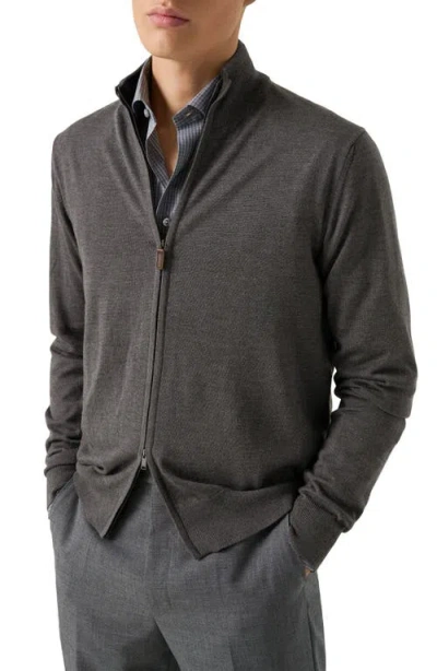 Eton Stand Collar Wool Zip Cardigan In Black
