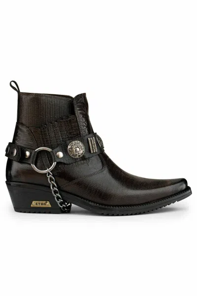 Pre-owned Etor Men's Brown Leather Goth Boots Rock Winklepickers Western Cuban Biker Punk Shoes