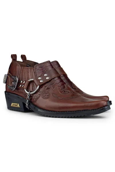 Pre-owned Etor Men's Brown Leather Goth Shoes Winklepickers Cuban Rock Biker Punk Western Boots