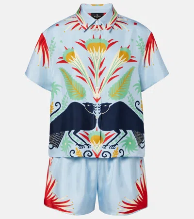 Etro Printed Silk Shorts Set In Blue