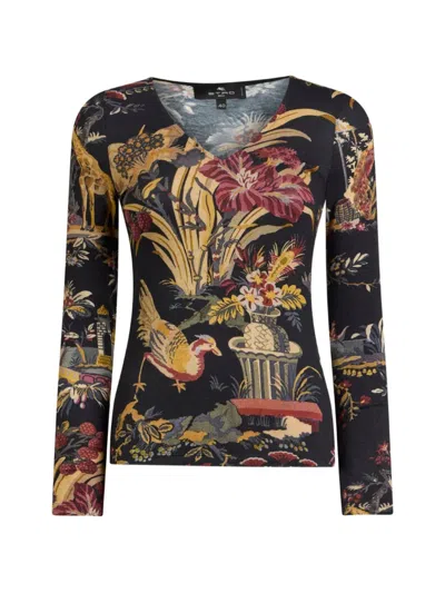 Etro Jersey Sweater With Flower And Animal Motif In Black