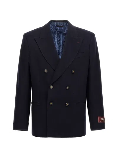 Etro Double-breasted Cashmere Blazer In 블루