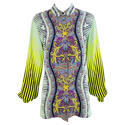 Pre-owned Etro 2000s Women's Size 46 / Us 10 12 Colorful Paisley Striped Y2k Silk Blouse In Sand