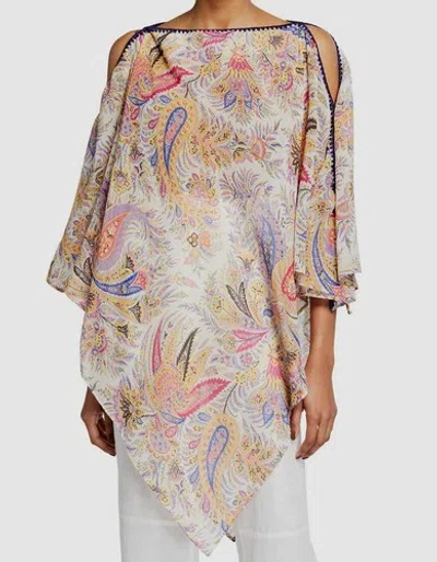 Pre-owned Etro $900  Women's Yellow Embroidered Boat-neck Silk Poncho Top One Size