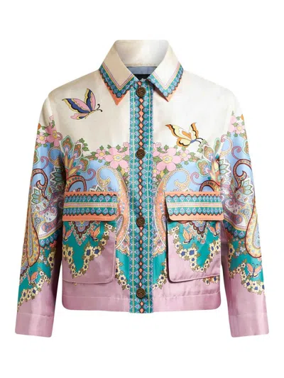 Etro , Printed Silk Jacket, Woman, Pink, Size 48 In Multicolour