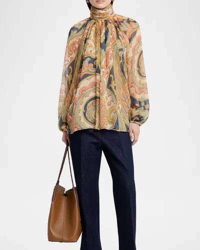 Etro Abstract Floral Silk Chiffon High-neck Blouse In Neutrals