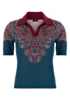 Etro Collared V-neck Polo With Patterned Ribbed Cuffs In Purple