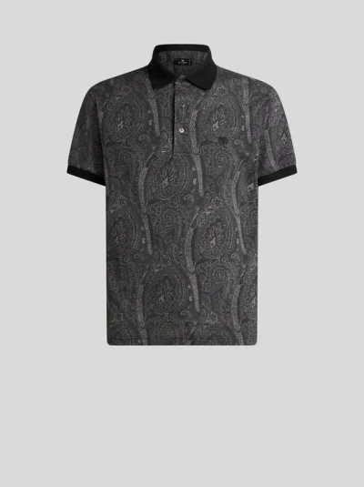 Etro All-over Foliage Cotton Polo Shirt In Black