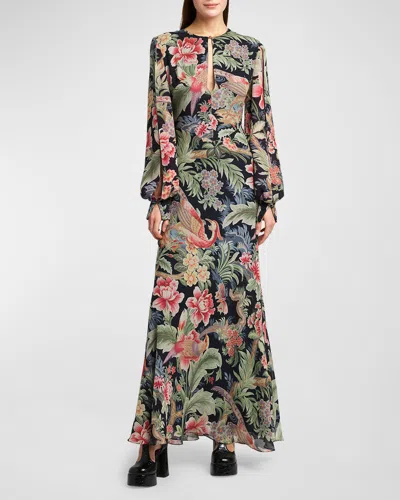 Etro Allover Floral Slit Long-sleeve Silk Gown In Print On Blue Base