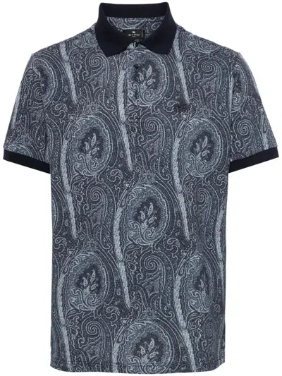 Etro All-over Foliage Cotton Polo Shirt In Gray