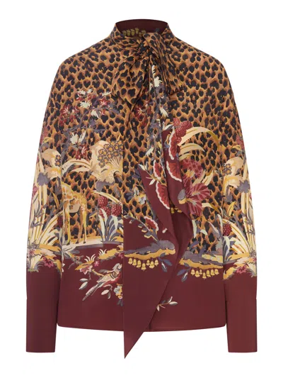 Etro Animal And Floral Printed Shirt With Neck Bow In Brown