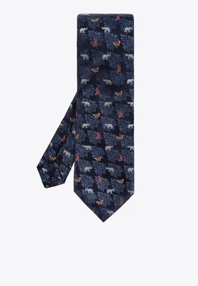 Etro Animal And Pattern-jacquard Silk Tie In Navy