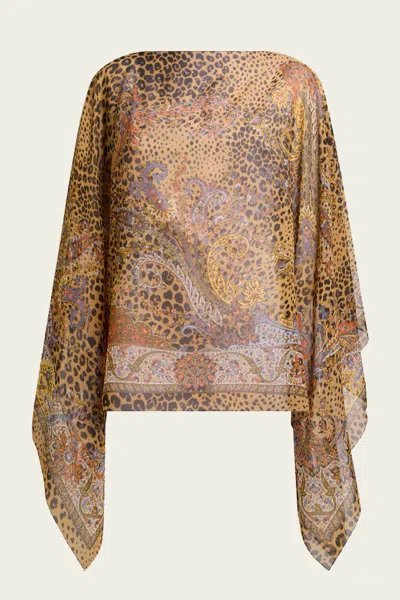 Etro Animal Motif Paisley-print Silk Poncho In Multicolor In Brown