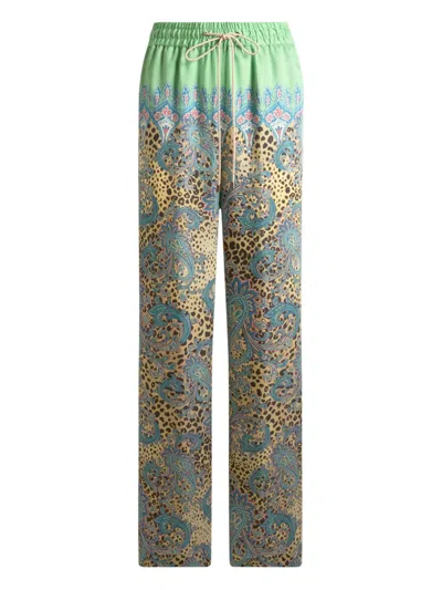 Etro Wide-leg Trousers With Placed Paisley And Animal Print In Green