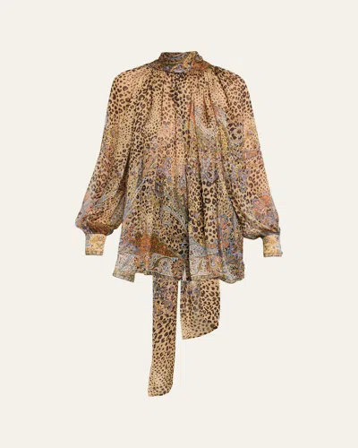 Etro Animal Paisley-print Silk Scarf-neck Blouse In Brown