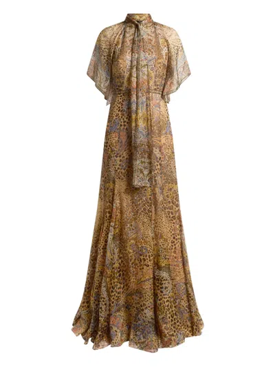 Etro Long Silk Dress With Silk Scarf And Paisley And Animal Motif In Brown