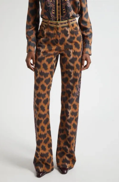 Etro Animal Print Stretch Denim Bootcut Jeans In Brown