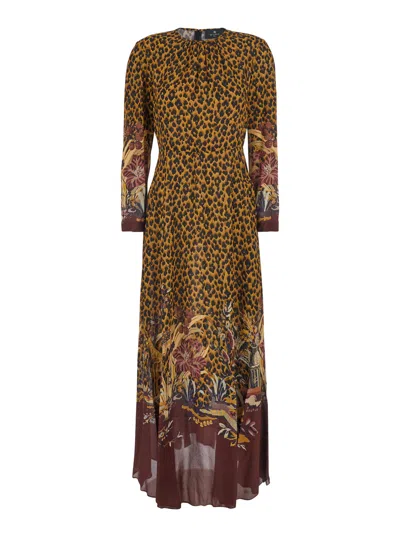 Etro Animalier Floral Print Long Tech Fabric Dress For Women In Brown